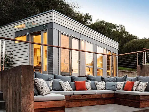 Blu Homes Origin prefab home deck detail.