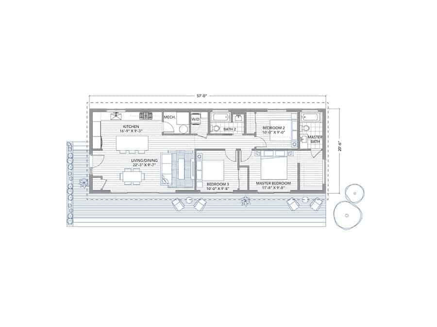 Blu Homes Element prefab home 3 bedroom floor plan.