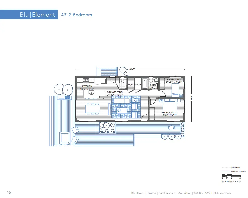 Blu Homes Element prefab home two bedroom one and one half bathroom floor plan.