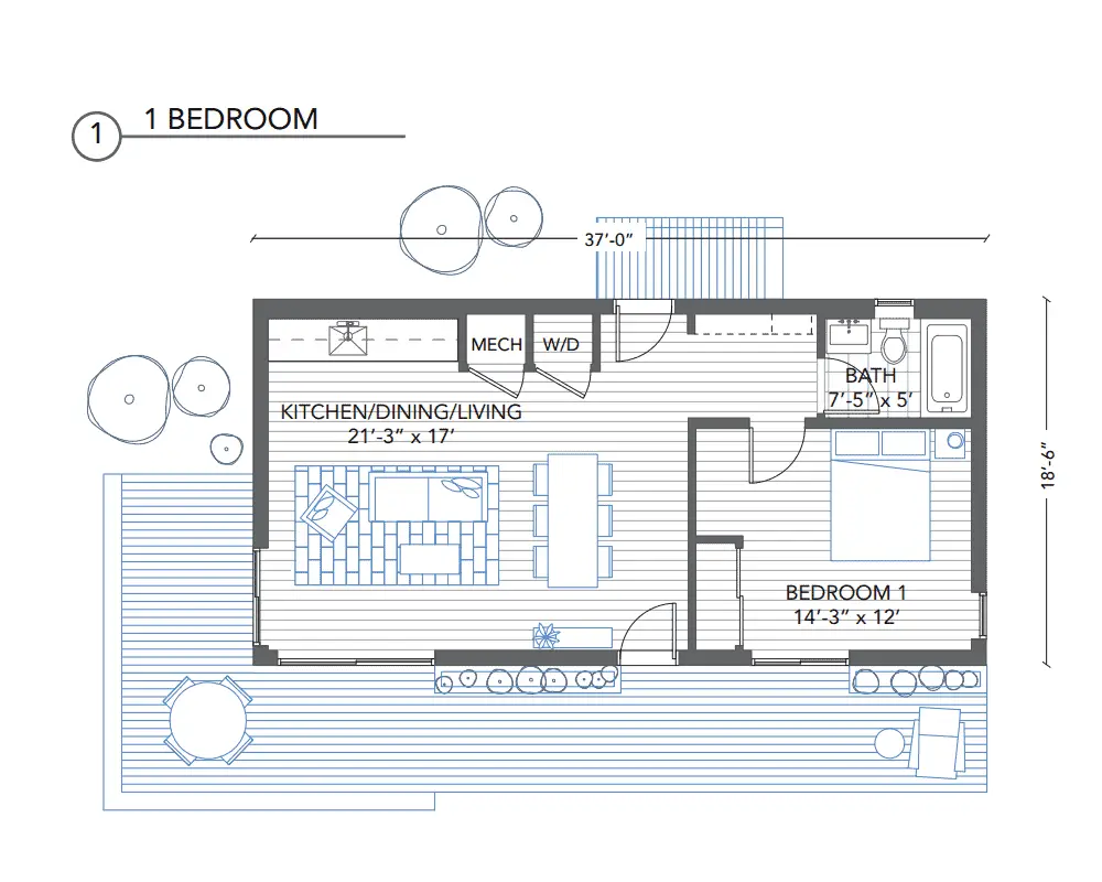 Blu Homes Origin one bedroom floor plan.