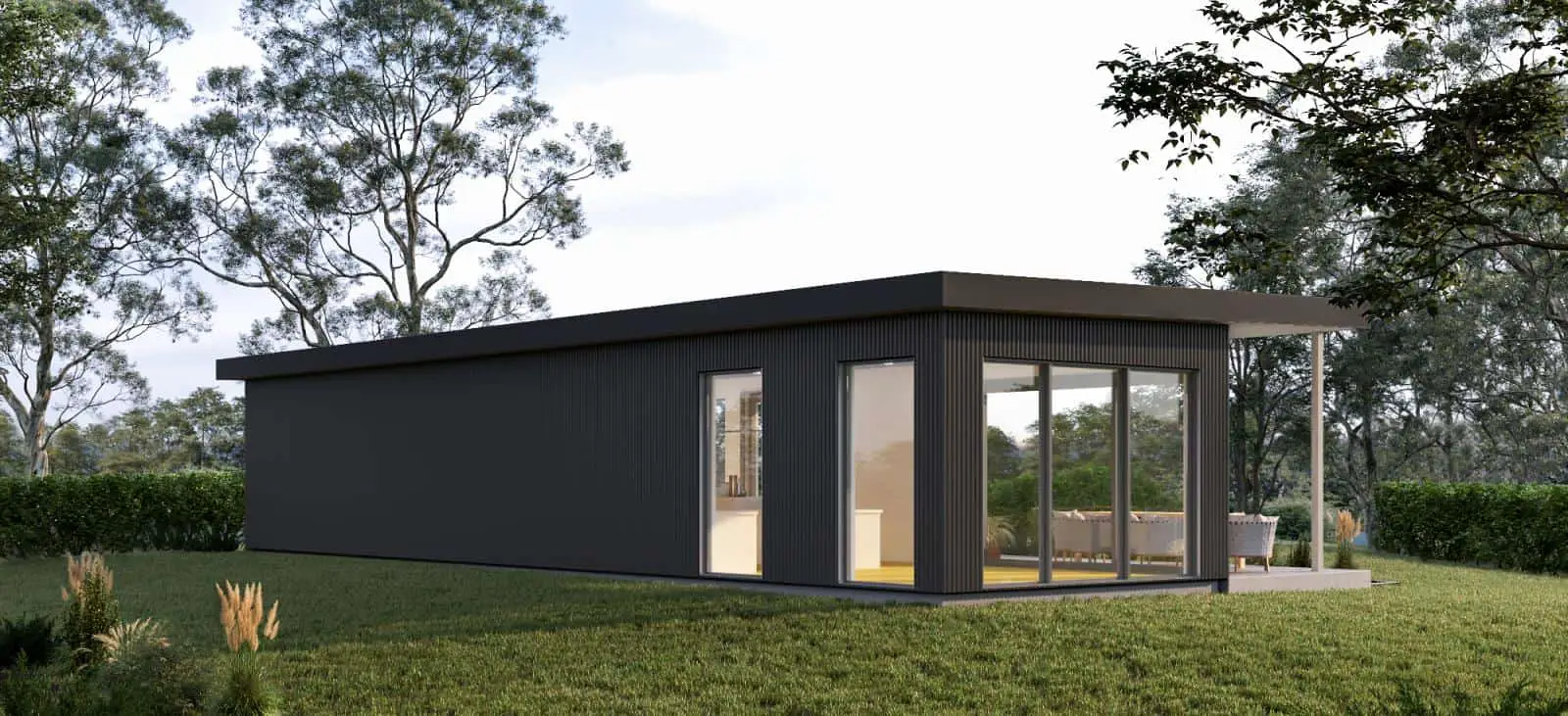 Angora Modern Cottage small prefab modular home or ADU by Dvele - exterior side and rear view.