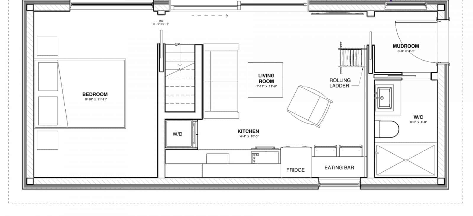Baldwin Mini Home prefab home or ADU floorplan first level.