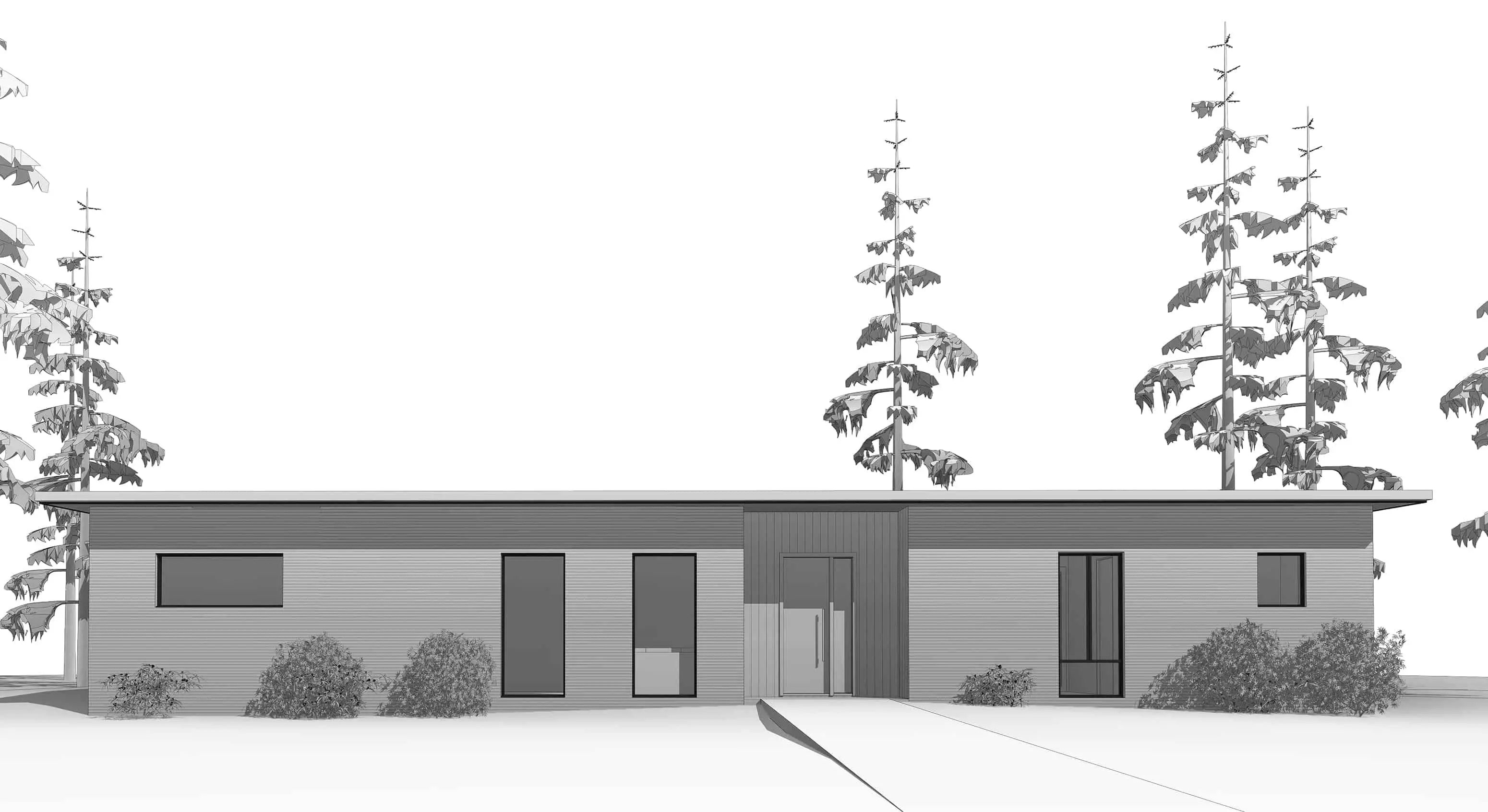 Dvele Sollys modern prefab home elevation drawing of front of home.