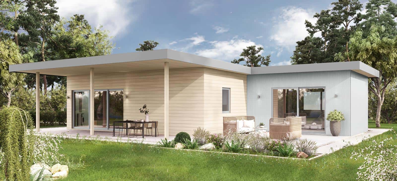 Tenaya Modern Cottage prefab home or ADU by Dvele - rear exterior showing large covered deck and bedroom deck.