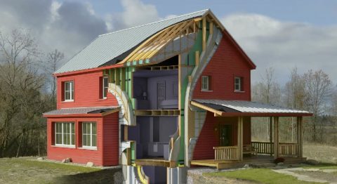The ultra-high efficiency GO Home prefab home model - image cut away showing passive house layers.