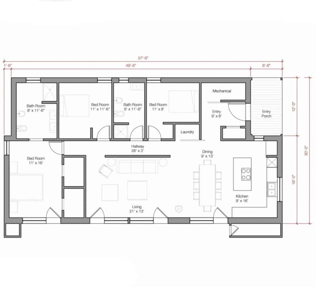 Go Home 1700 sq ft by Go Logic prefab home floor plan.