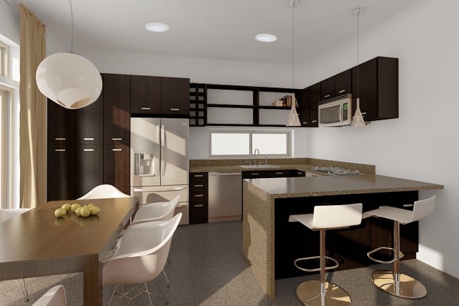 LivingHomes C6.3 prefab home kitchen and interior rendering.