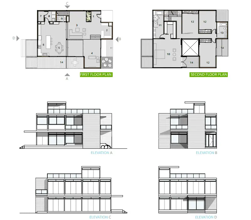 LivingHomes RK1.2 prefab home - plans and elevation.