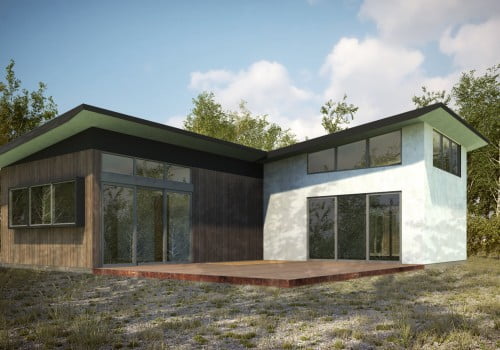 Ma Modular T Plan Modern Prefab Home Plan Rendering With View Of Exterior Front.