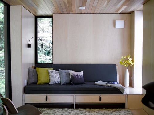 NODE Madrona modern prefab home - interior living room and sofa.