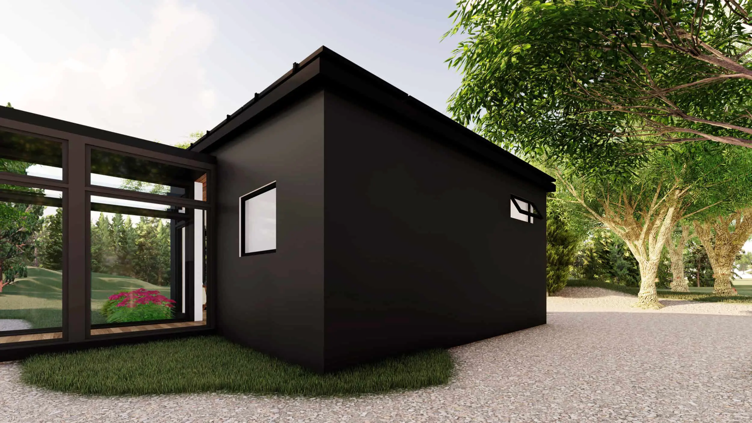 Stack Homes model 480 prefab home, exterior side view.
